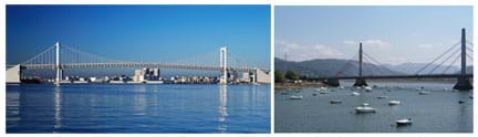 (left) Photo shows a long bridge with two towers spanning a river. Cables make an M shape. (right) Photo shows two sets of fan-shaped cables attached to two towers. Cables make an A shape.