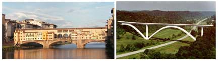 (left) Photo shows a bridge that uses three arches to span a river. (right) Photo shows a gigantic modern double-arched bridge that spans a wide valley.