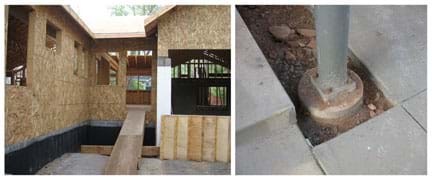 Photos show (left) the entrance to an unfinished wood-framed house built on a concrete foundation, and (right) the base of a cylindrical steel column bolted to a buried cylindrical concrete foundation.