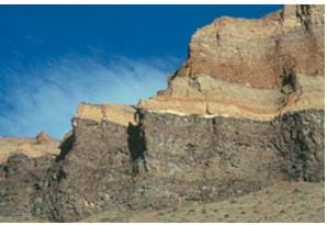 A cliff formation with layered sedimentary rocks.