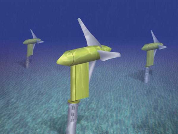 A generated image of three, three-blade propeller turbines under water.