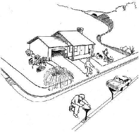 A black and white drawing of a house with mountains in the background and a street in the foreground. The drawing shows a person pouring oil into a street gutter, a car leaking oil, a sprinkler running onto the sidewalk and another person throwing trash on the ground.