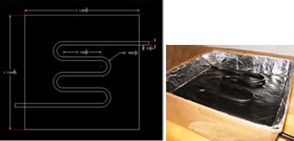 (left) A CAD drawing shows a tube bent with four switchback-curves to make a curvy shape. (right) A photo shows a box lined with foil, with a black-painted snake-shaped coil across the black-painted box bottom.