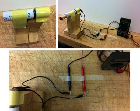 Three photos: (top left ) A short piece of white PVC pipe and a cylindrical DC motor are duct taped to the top of a wooden platform made from two pieces of 2x4 wood attached perpendicularly. (top right) Alligator clip wires connect the motor in the set-up in the left photo to the black and red multimeter probe leads. (bottom) An overhead view shows how the wires connect the motor to the multimeter.