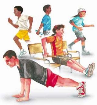 A drawing showing five children engaged in various exercises, including pushups, jogging, and roller blading.