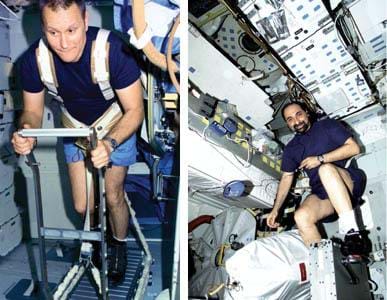 Two photographs show astronauts working out on a treadmill (left photo) and on a cycle ergometer (right photo).