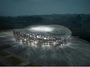 Drawing of the design for the Beijing Olympic stadium.  The stadium looks like a "bird's nest" of metal.