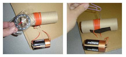 Two photos show a hand holding a compass and a dangling paperclip near the cardboard tube wrapped in wire with two long tails of the wire run through holes in the cardboard and attached with a rubber band to opposite ends of a D-cell battery.