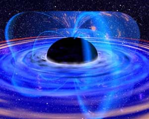 An artist's colorful drawing of a black hole showing matter falling into the dark sphere in the center.