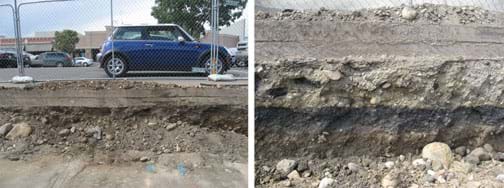 Two photos: (left) Construction in a retail shopping center shows a cutaway of the asphalt parking lot to reveal (right) the soil profile of varied layers of rock and soil below.