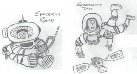 Black and white sketches of Spaceman Rohan and Spacewoman Tess; they are both floating in space in their spacesuits.