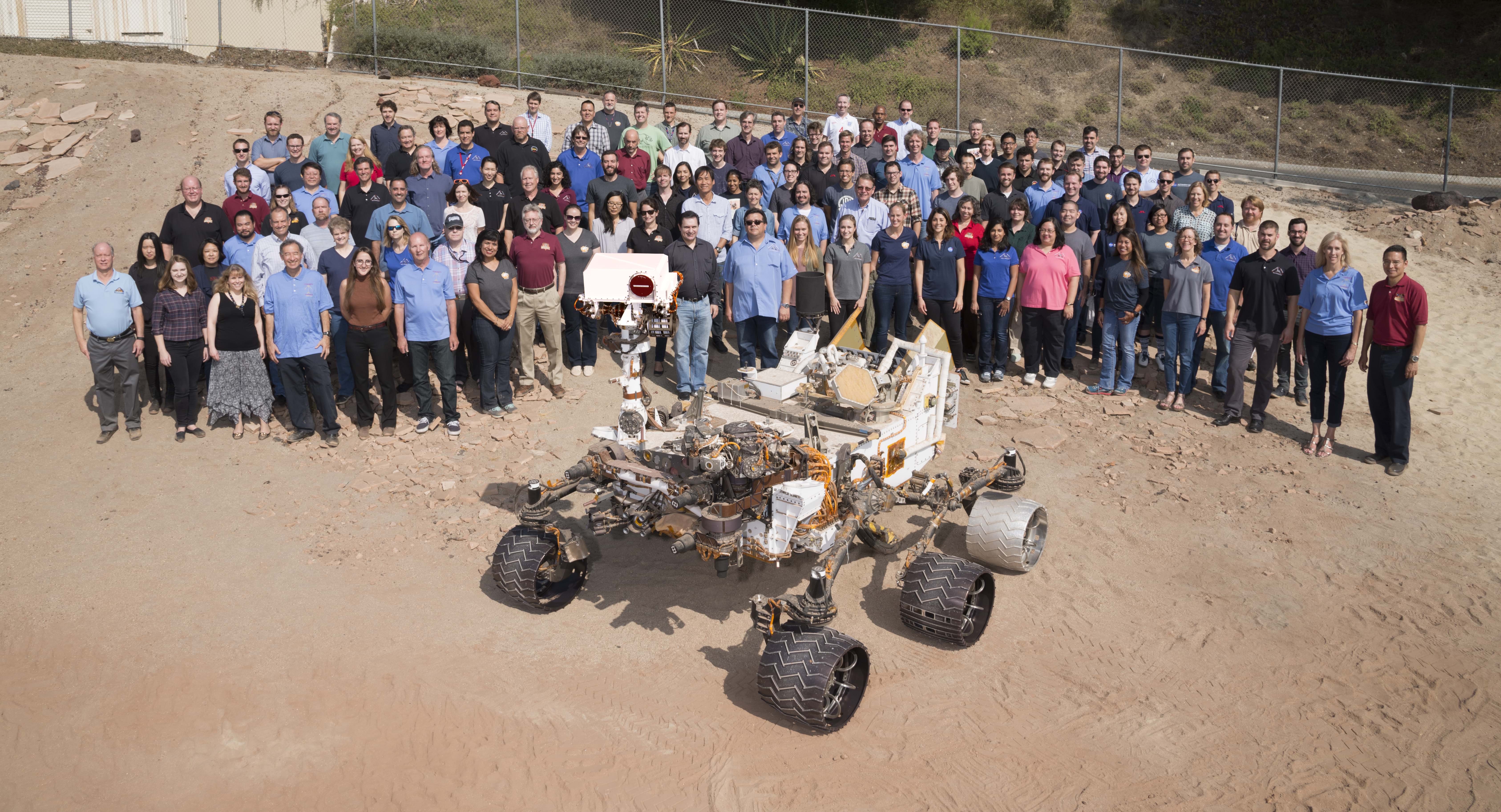 Mars rover model of Curiosity with its team 