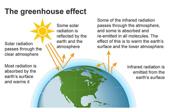 A diagram shows energy from the Sun hitting the Earth. Some solar radiation is absorbed, some is reflected, and some is re-emitted back to the Earth by greenhouse gas molecules. 