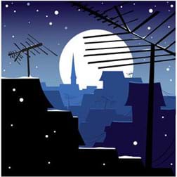 A drawing shows a view of a full moon from a rooftop, with antennas and angled roofs in the foreground.