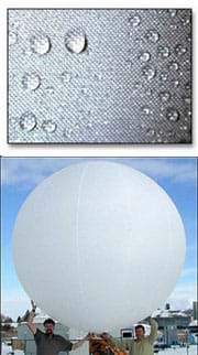 Two photos: (top) close-up of woven fabric with beads of water on it. (bottom) Two men hold over their heads a 10-foot diameter inflated round balloon.