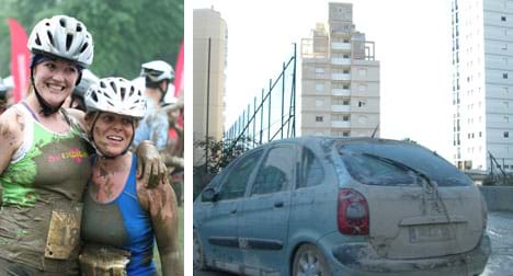Two photos: (left) Two hugging Muddy Buddy racers — women covered in mud with bike helmets and pinned-on race numbers. (right) A muddy car.