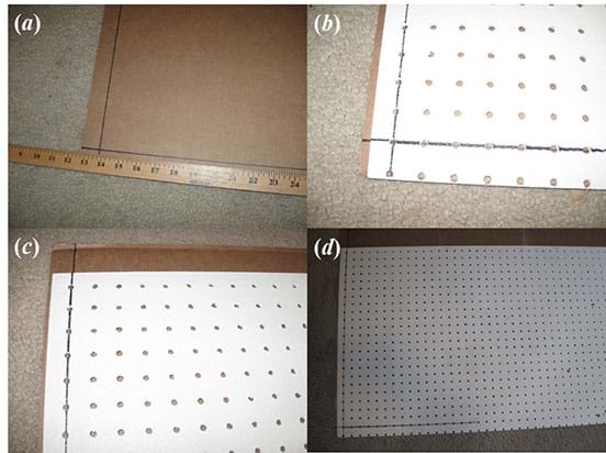 A sequence of four photographs shows the steps to use a piece of pegboard (a grid of points) to aid in easily plotting points on the cardboard coaster backing sheet.
