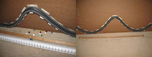 A wide composite photograph shows a horizontal cardboard backing (just like Figure 16) with the curved pipe insulation channel mounted on the L-brackets (vinyl corner bead pieces) to form the roller coaster path.
