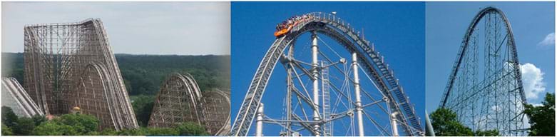 Three photographs show the rolling tracks and truss support structures of three huge roller coasters: (left to right) El Toro in NJ, Thunder Dolphin in Tokyo, Japan, and Millennium Force in OH.