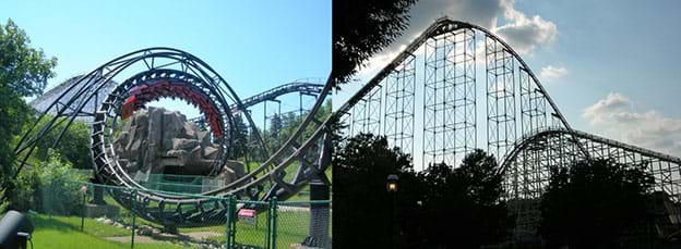 Two photographs of looping (left) and very tall (right) roller coasters. Left is the Daemon Roller Coaster in Chicago, IL, one of the first multi-looping roller coasters (May 1976). Right is the Thunderhawk roller coaster in Allentown, PA, one of the tallest roller coasters in the 1970s.