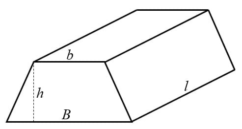 To obtain the volume of a trapezoidal prism, multiply the value of the area of its base times the prism’s length. 