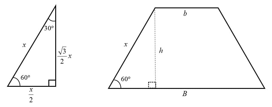A diagram of the standard relationships between the sides of a 30-60-90 right triangle used to link the leg and the height of the trapezoidal prism’s base.
