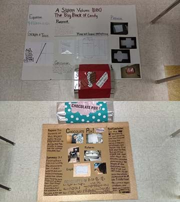 Jumbo chocolate bars and posters summarizing design, calculations, and the construction process.
