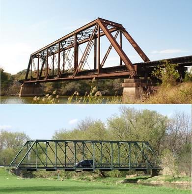 Photos of railroad and road steel truss bridges.