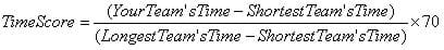 The equation for calculating the time portion of the score with a maximum of 70 points.