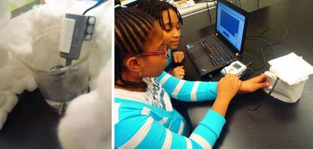 Two photos: A LEGO temperature sensor probe placed in a cup surrounded by a layer of cotton balls. Two students at a table with a laptop, LEGO brick and temperature sensor inside a cup wrapped in cotton balls.