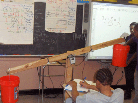Photo shows a seesaw set-up made from wooden boards and a bucket.