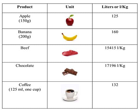 A table lists five food products (apple, banana, beef, chocolate, coffee) with the number of liters of water needed to produce each. For example, 150-g apple requires 125 liters of water, and a 200-g banana requires 160 liters of water.