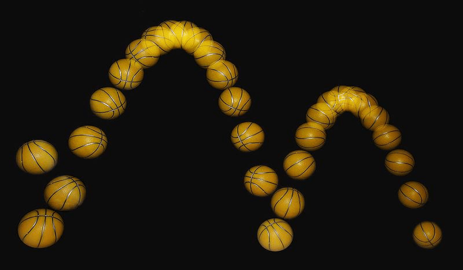 An image shows the time progression of a basketball being bounced. The first bounce is higher than the first.