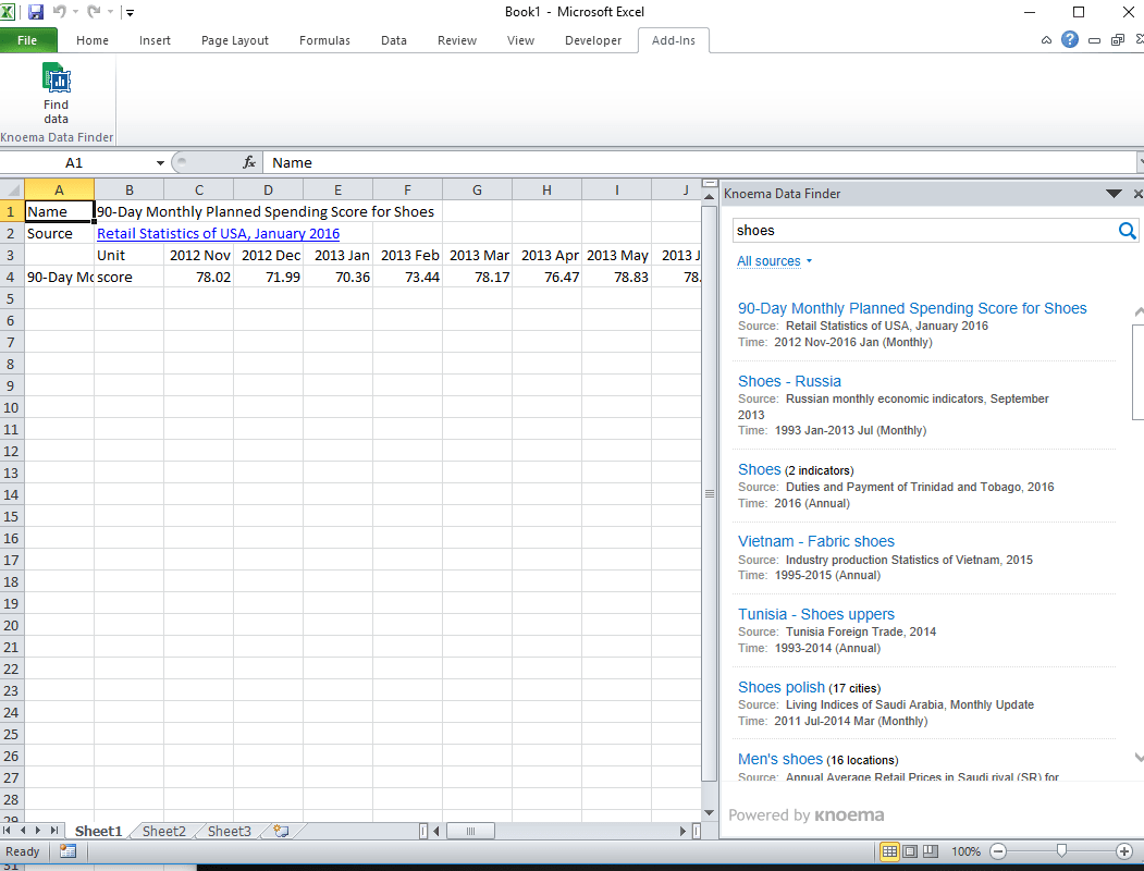 A screen capture shows an Excel spreadsheet with Knoema add-in search results for a “shoes” query.