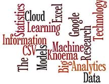 A “Wordle” graphic shows 16 related words scattered about with different orientations. The words are: information, statistics, cloud, learning, excel, CVS, the, models, big analytics, data, machine, knoema, google, research, technology. 