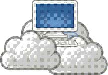 A graphic image shows a computer monitor and keyboard resting in a few fluffy white and gray clouds.