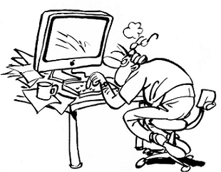 A sketch of a person working furiously at a computer trying to figure out what is wrong.