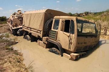 A brown military truck is stuck in deep mud. 