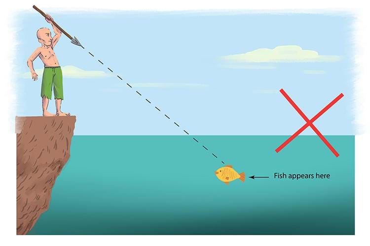 A cartoon image of a fisherman aiming to throw a spear at a fish in water. A dotted line shows the anticipated path of the spear to hit the fish. A label next to the fish reads, “Fish appears here.” A large red “X” is on the image. 