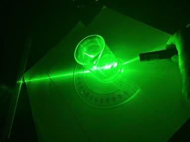 A photograph of a laser shining through a glass of water with a protractor sitting on the table next to the glass. The path of the laser’s light appears to bend as it enters and exits the glass of water.