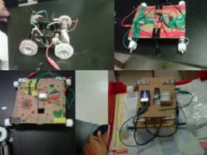 Four photos show model vehicles made from materials such as cardboard, metal, wires, tape, batteries.