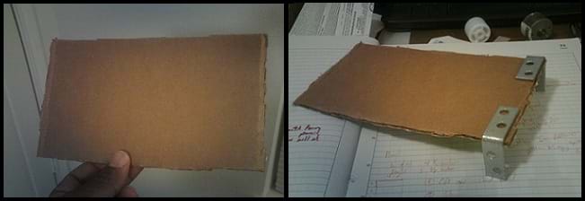 Two photos: A hand holds a rectangular piece of brown corrugated cardboard. The same cardboard pice with two L-shaped brackets glued to two corners of the piece of cardboard.