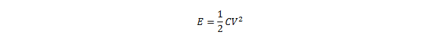The equation for determining the energy stored in a capacitor: energy is equal to one-half times the capacitance times the voltage squared.
