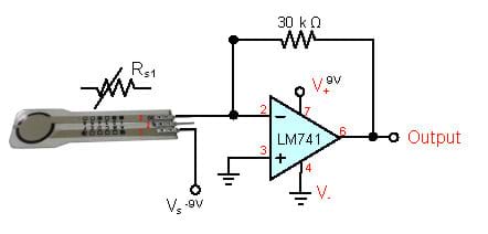 A circuit diagram shows a pressure sensor as a component of a circuit used to convert resistance to output resistance using an op amp and a 30k ohm resistor.