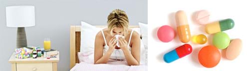 Two photos: A person with a cold is blowing their nose while sitting in bed next to a table with bottles of prescription medicine on it. A close-up of nine pills of different types, colors and shapes (gel, chalk, pink, green, tablets, capsules, etc.).