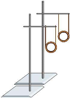 A drawing shows two ring stands next to each other, both with bars attached. A metal ring hangs from each one such that the rings are parallel and at the same height.
