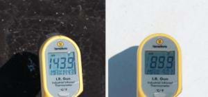 Two photos show temperature sensors on a black surface (143.9°F) and white surface (89.9°F).