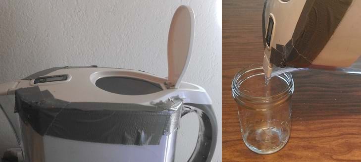 Two photos of a Brita water pitcher with duct tape on the seam where the top piece fits into the larger base. A large lid flap is open, showing where to pour the chlorinated water solution. Filtered water pours out of the spout into a glass jar for water sampling.
