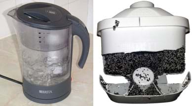 Two photos: A clear plastic water pitcher with a thick top lid. A plastic device cracked open to reveal black and white bits—activated carbon beads and ion exchange resin beads.