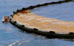 Photo shows a long black plastic floating device making a boundary in which brownish oil on the water surface is kept contained.